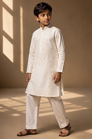 Ivory Linen Silk Dori Embroidered Kurta Set For Boys by Amit Arora Kids