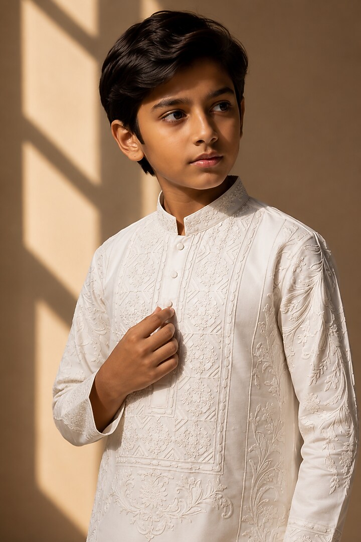 Ivory Linen Silk Dori Embroidered Kurta Set For Boys by Amit Arora Kids at Pernia's Pop Up Shop