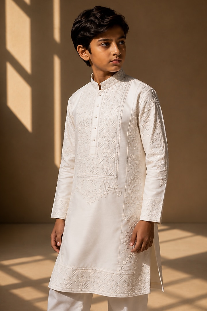 Ivory Linen Silk Dori Embroidered Kurta Set For Boys by Amit Arora Kids at Pernia's Pop Up Shop