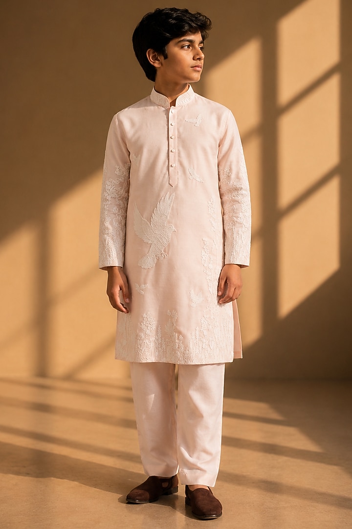 Pink Linen Silk Dori Embroidered Kurta Set For Boys by Amit Arora Kids at Pernia's Pop Up Shop