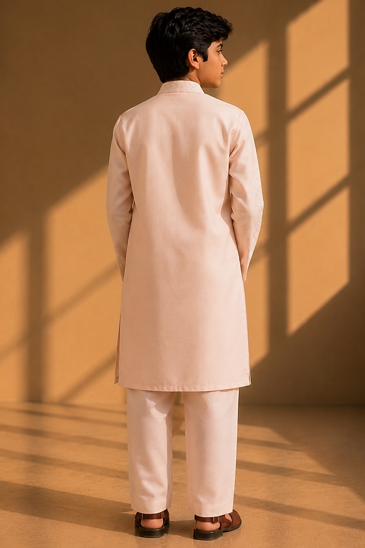 Pink Linen Silk Dori Embroidered Kurta Set For Boys by Amit Arora Kids at Pernia's Pop Up Shop
