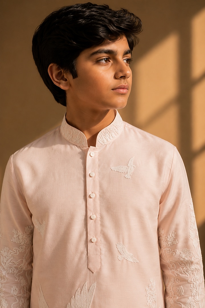 Pink Linen Silk Dori Embroidered Kurta Set For Boys by Amit Arora Kids at Pernia's Pop Up Shop