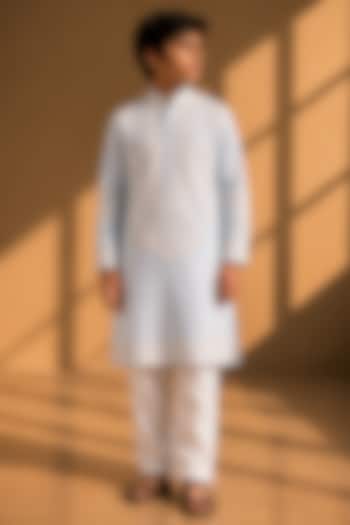 Sky Blue Linen Silk Hand Embroidered Kurta Set For Boys by Amit Arora Kids at Pernia's Pop Up Shop