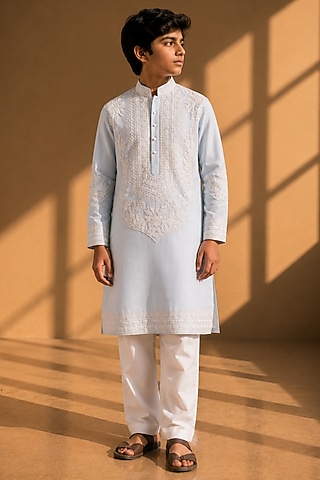 Sky Blue Linen Silk Hand Embroidered Kurta Set For Boys by Amit Arora Kids