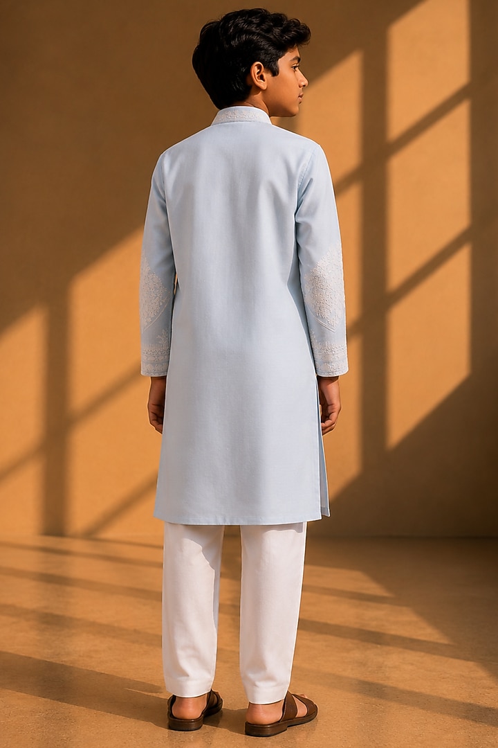 Sky Blue Linen Silk Hand Embroidered Kurta Set For Boys by Amit Arora Kids at Pernia's Pop Up Shop