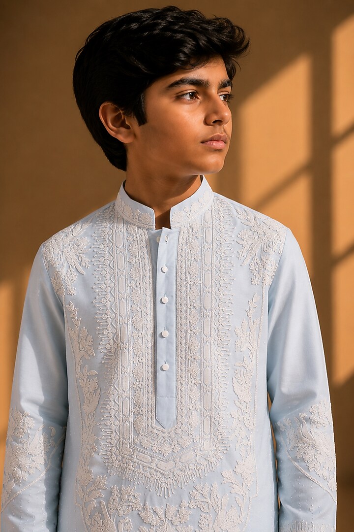 Sky Blue Linen Silk Hand Embroidered Kurta Set For Boys by Amit Arora Kids at Pernia's Pop Up Shop