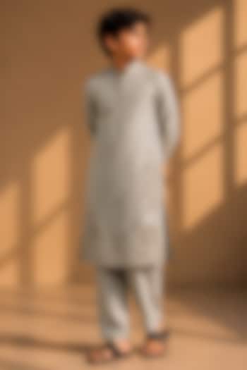 Olive Green Linen Silk Dori Embroidered Kurta Set For Boys by Amit Arora Kids at Pernia's Pop Up Shop