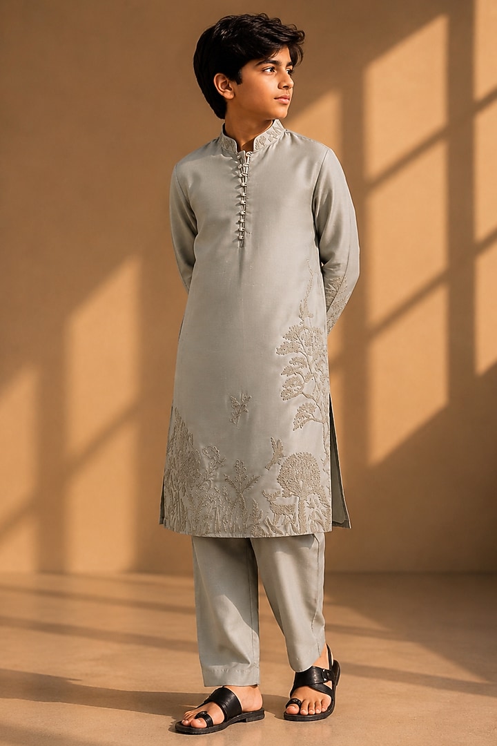 Olive Green Linen Silk Dori Embroidered Kurta Set For Boys by Amit Arora Kids at Pernia's Pop Up Shop