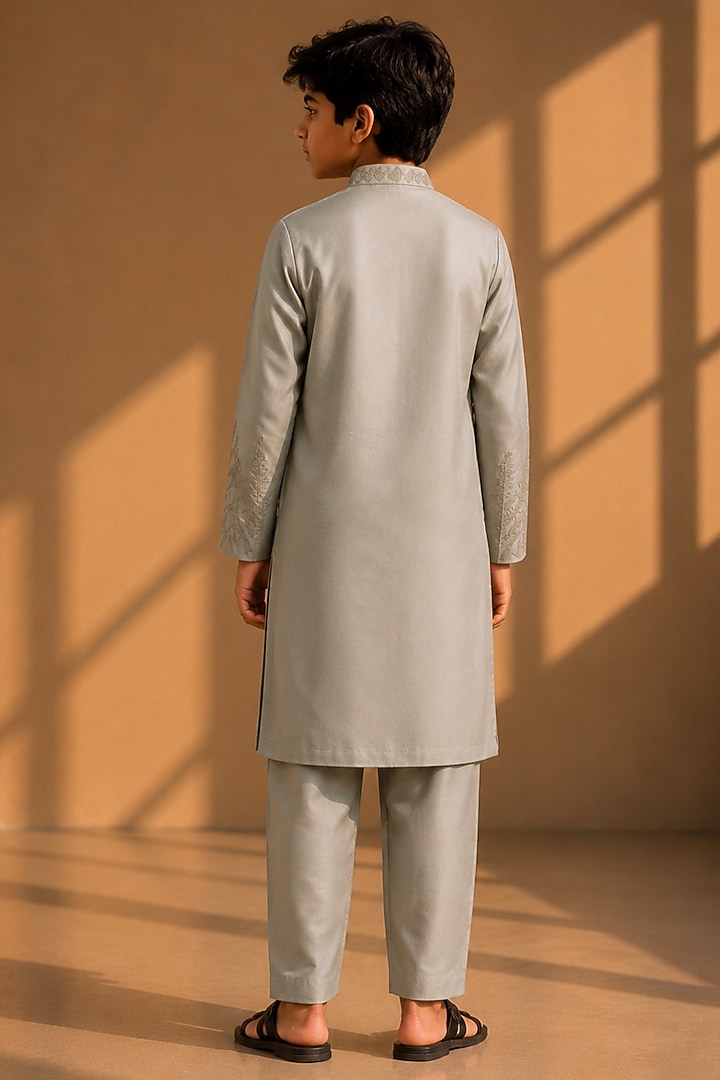 Olive Green Linen Silk Dori Embroidered Kurta Set For Boys by Amit Arora Kids at Pernia's Pop Up Shop