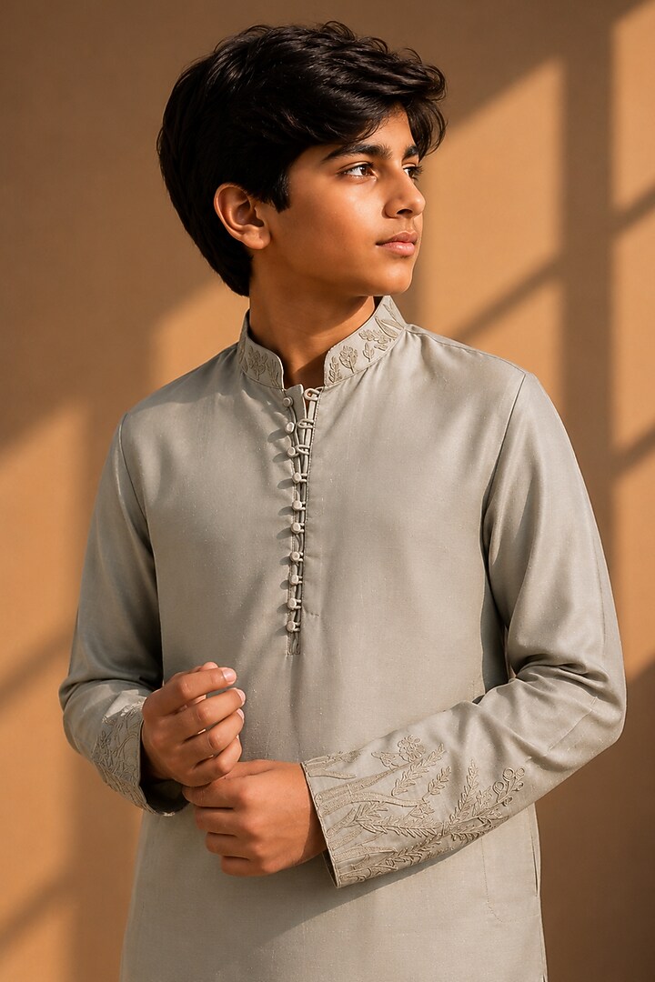 Olive Green Linen Silk Dori Embroidered Kurta Set For Boys by Amit Arora Kids at Pernia's Pop Up Shop
