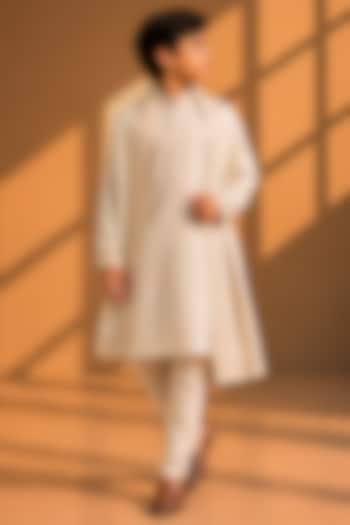 Beige Linen Silk Zari Thread Embroidered Kurta Set For Boys by Amit Arora Kids at Pernia's Pop Up Shop