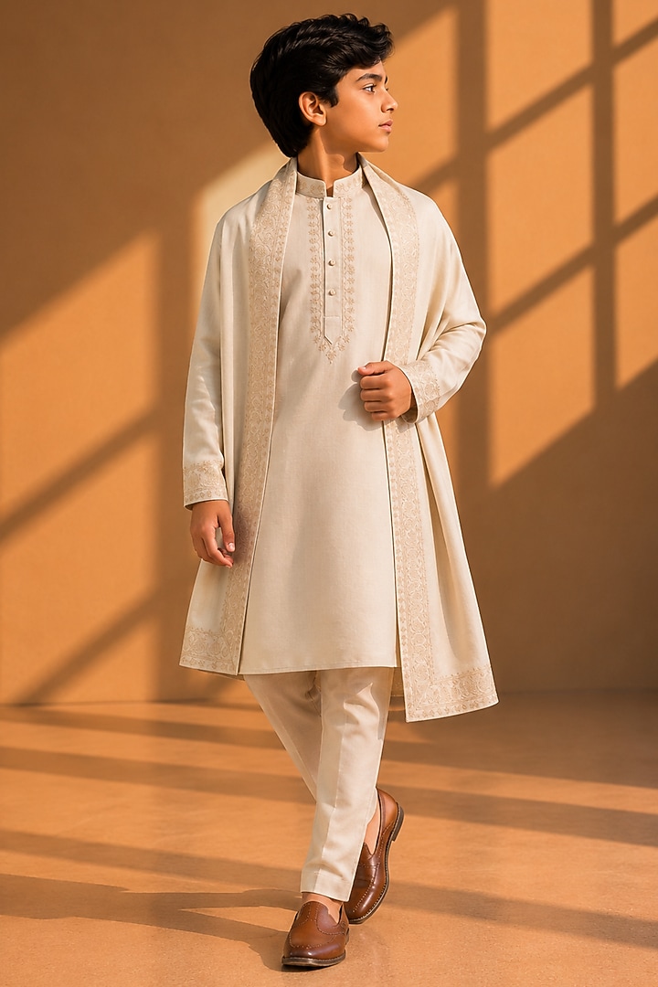 Beige Linen Silk Zari Thread Embroidered Kurta Set For Boys by Amit Arora Kids at Pernia's Pop Up Shop