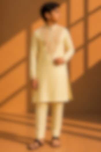 Lime Bamboo Silk Zari Thread Embroidered Kurta Set For Boys by Amit Arora Kids at Pernia's Pop Up Shop