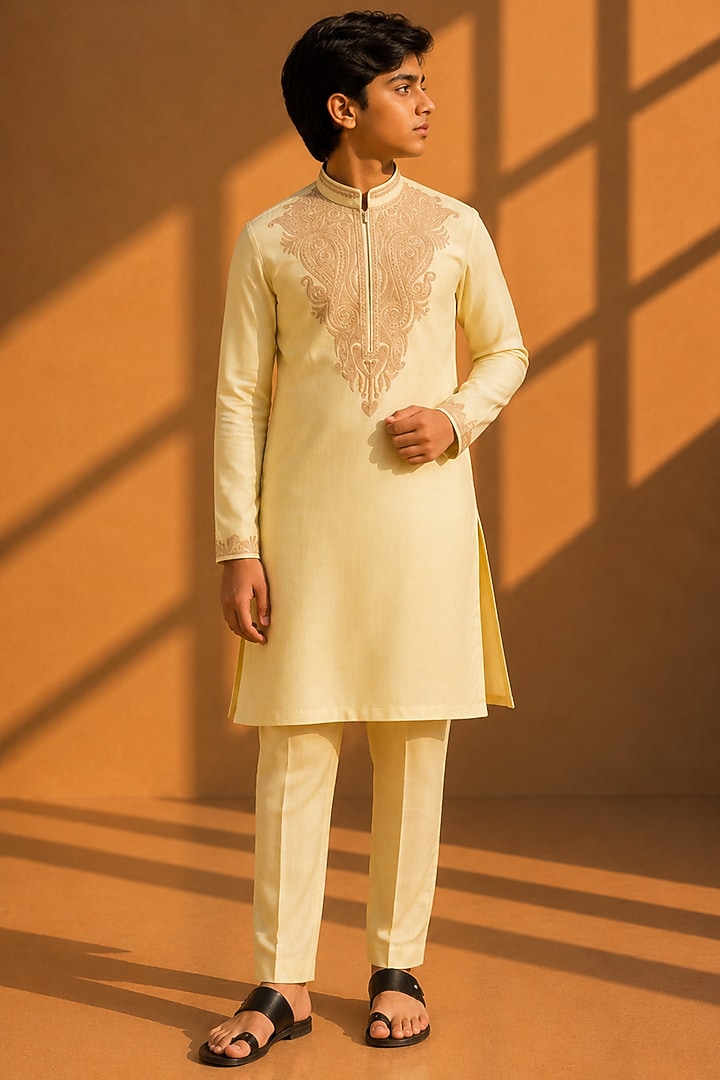 Lime Bamboo Silk Zari Thread Embroidered Kurta Set For Boys by Amit Arora Kids at Pernia's Pop Up Shop