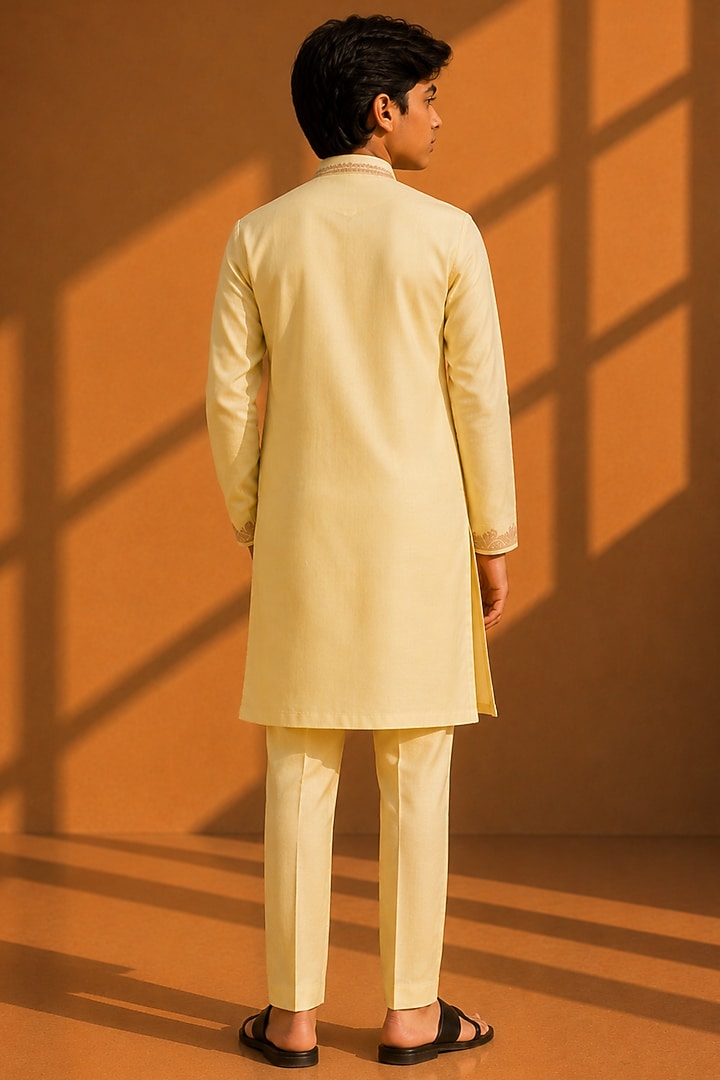 Lime Bamboo Silk Zari Thread Embroidered Kurta Set For Boys by Amit Arora Kids at Pernia's Pop Up Shop