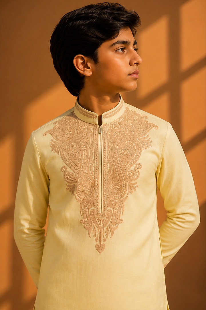 Lime Bamboo Silk Zari Thread Embroidered Kurta Set For Boys by Amit Arora Kids at Pernia's Pop Up Shop