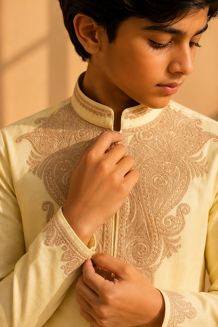 Lime Bamboo Silk Zari Thread Embroidered Kurta Set For Boys by Amit Arora Kids at Pernia's Pop Up Shop