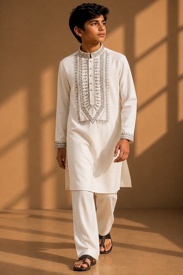 Ivory Knit Kurta Set For Boys by Amit Arora Kids at Pernia's Pop Up Shop