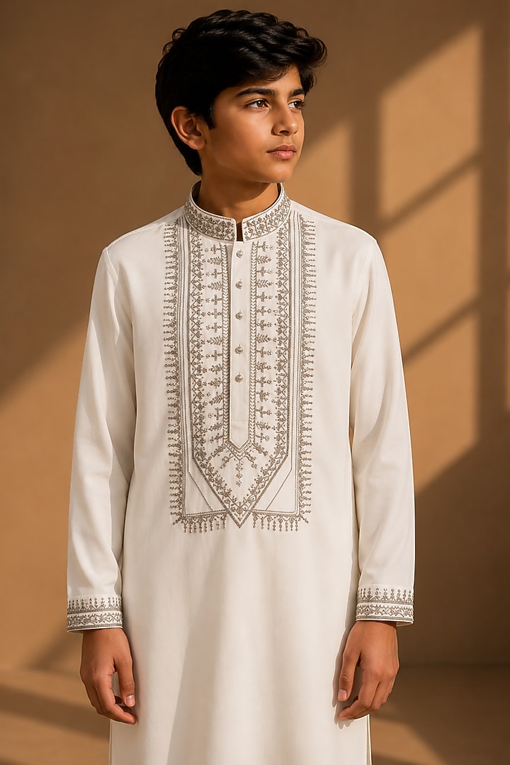 Ivory Knit Kurta Set For Boys by Amit Arora Kids at Pernia's Pop Up Shop