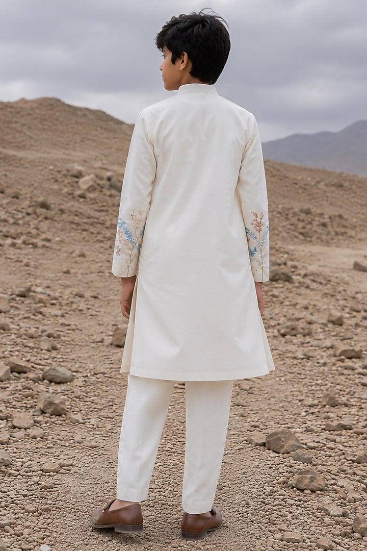 Ivory Poly Silk Embroidered Kurta Set For Boys by Amit Arora Kids at Pernia's Pop Up Shop