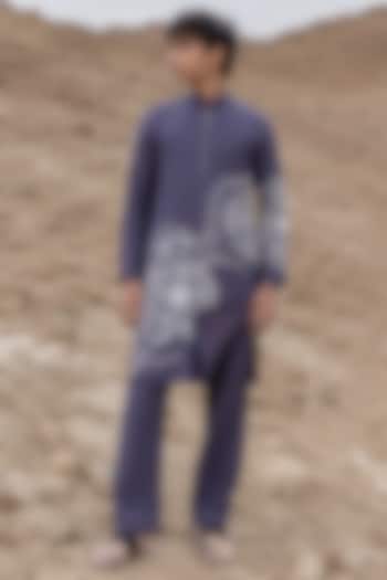 Blue Poly Silk Motifs Embroidered Kurta Set For Boys by Amit Arora Kids at Pernia's Pop Up Shop