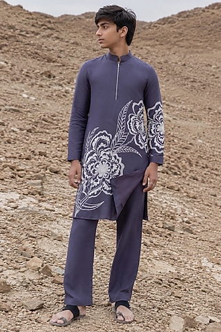 Blue Poly Silk Motifs Embroidered Kurta Set For Boys by Amit Arora Kids