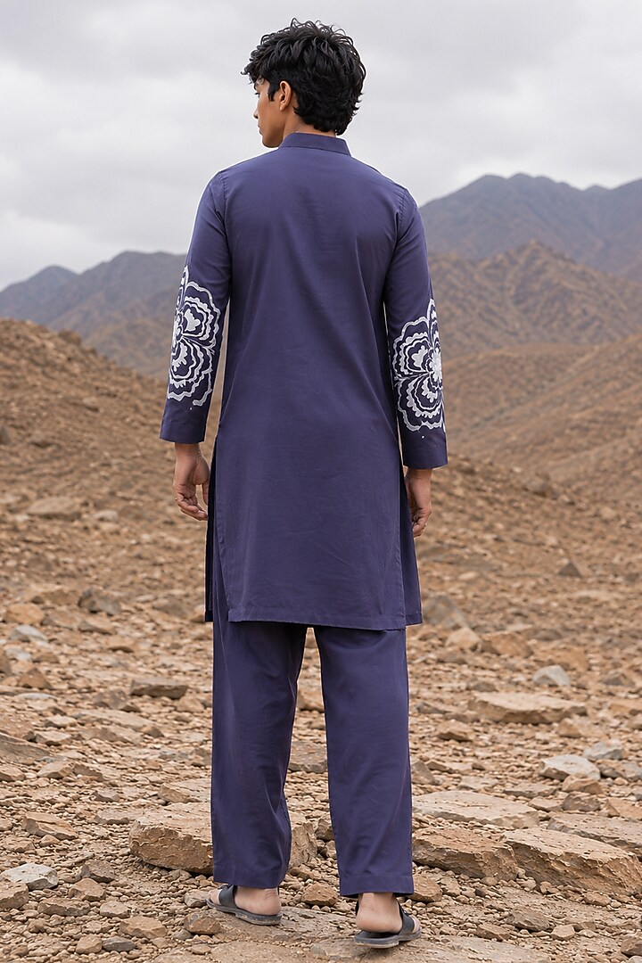 Blue Poly Silk Motifs Embroidered Kurta Set For Boys by Amit Arora Kids at Pernia's Pop Up Shop
