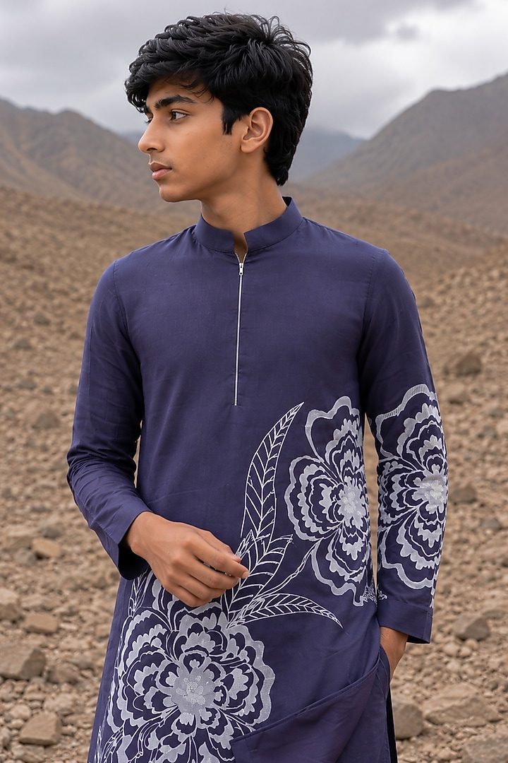 Blue Poly Silk Motifs Embroidered Kurta Set For Boys by Amit Arora Kids at Pernia's Pop Up Shop