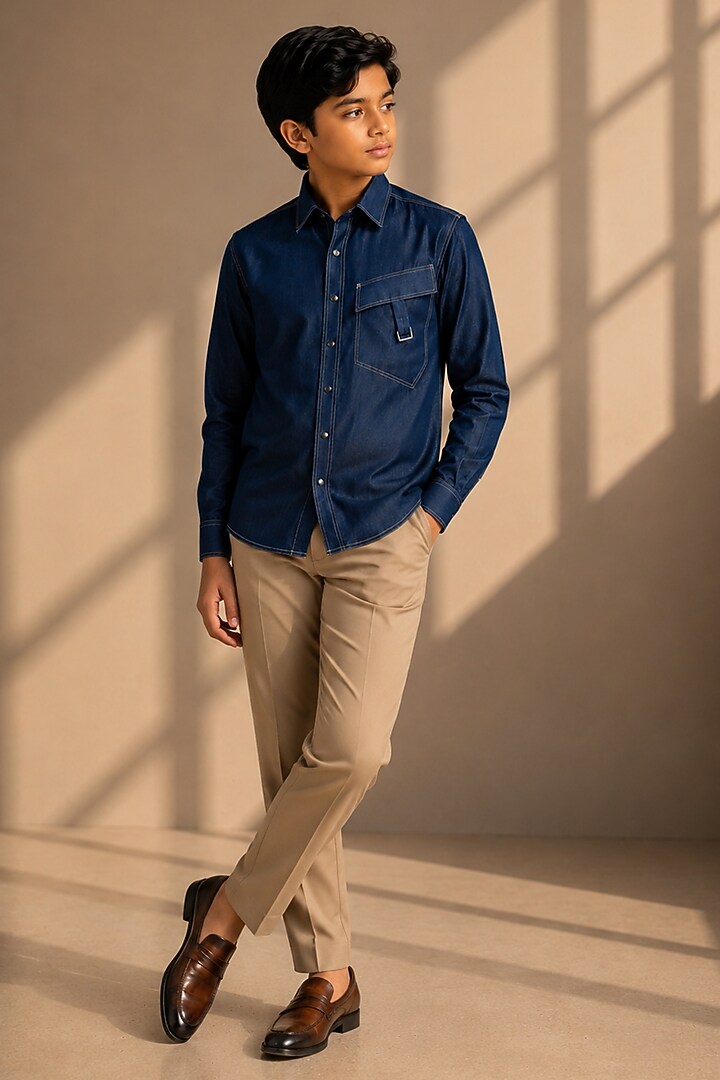 Denim Blue Rayon Denim Shirt For Boys  by Amit Arora Kids at Pernia's Pop Up Shop