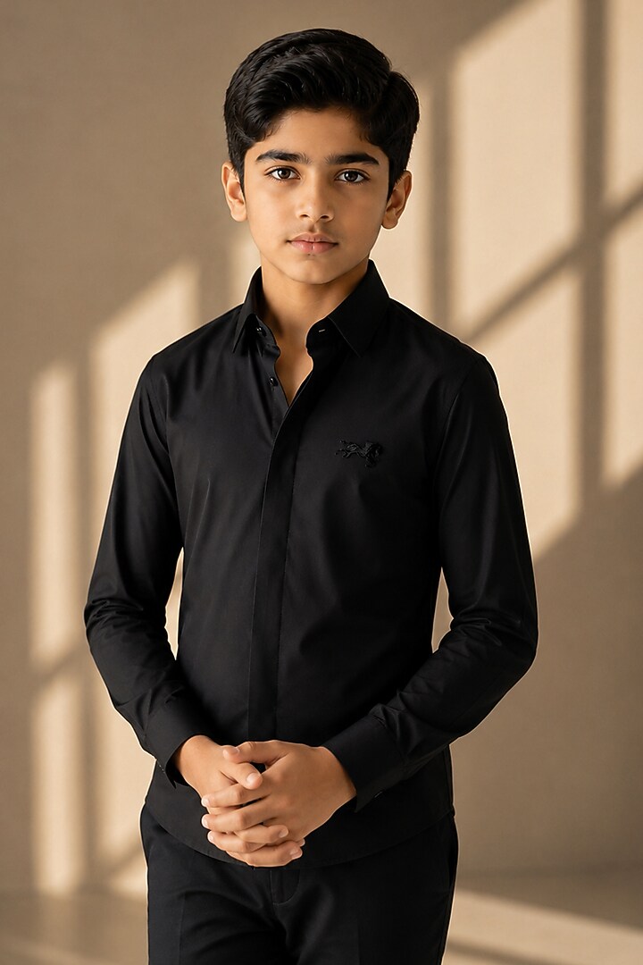 Black Cotton Acetate Shirt For Boys by Amit Arora Kids at Pernia's Pop Up Shop