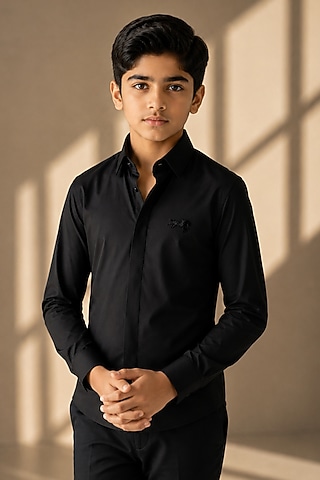 Black Cotton Acetate Shirt For Boys by Amit Arora Kids