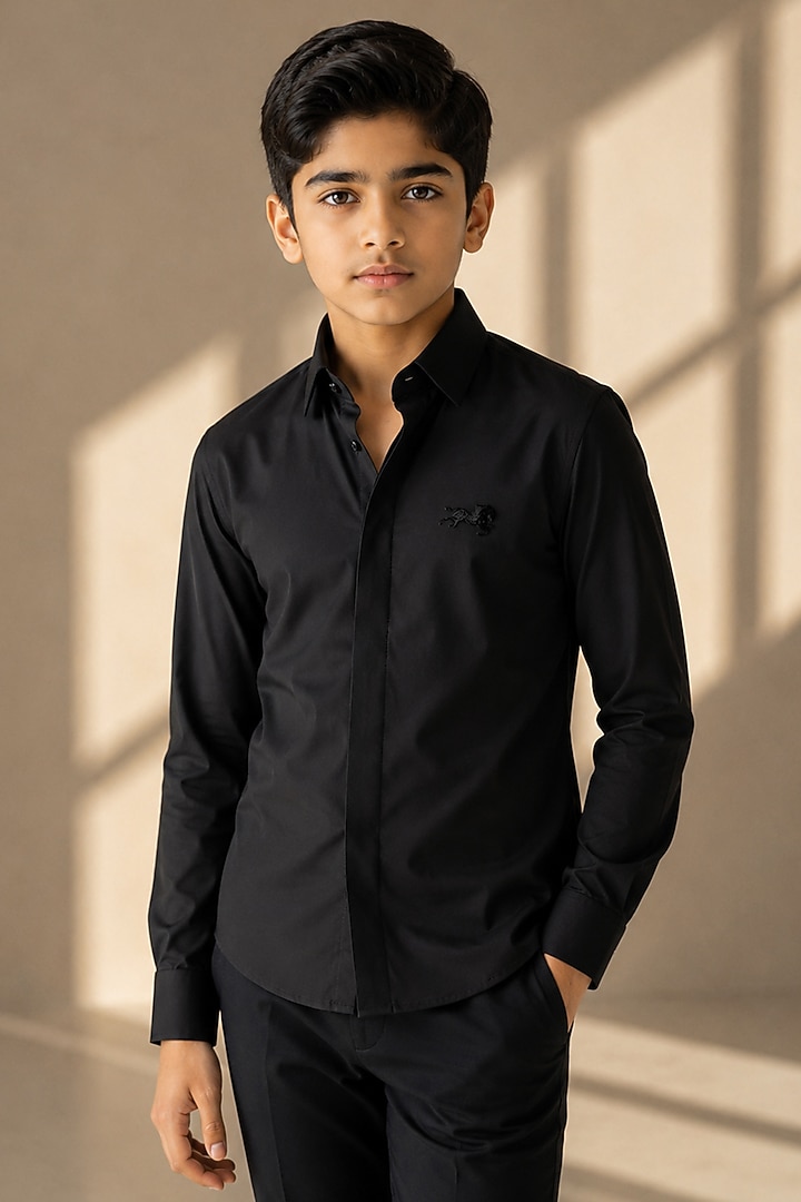 Black Cotton Acetate Shirt For Boys by Amit Arora Kids at Pernia's Pop Up Shop