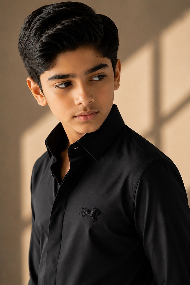 Black Cotton Acetate Shirt For Boys by Amit Arora Kids at Pernia's Pop Up Shop