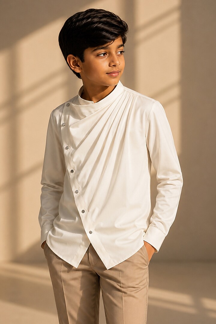 Cream Tencel Draped Shirt For Boys by Amit Arora Kids at Pernia's Pop Up Shop
