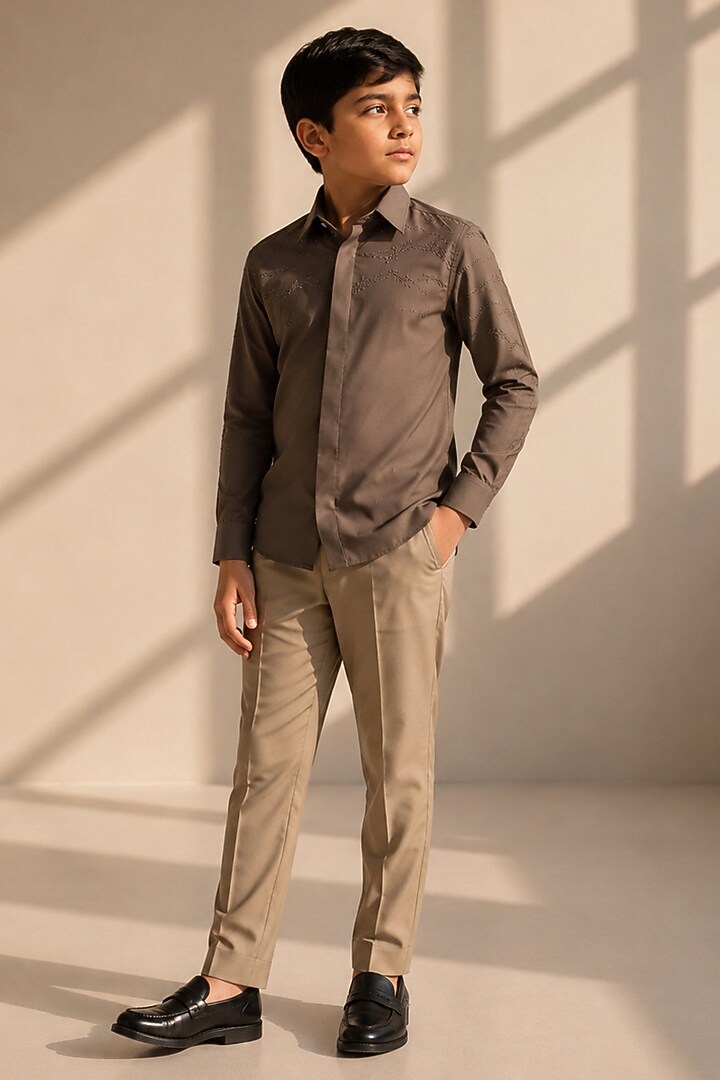 Olive Green Polynosic Hand Embroidered Shirt by Amit Arora Kids at Pernia's Pop Up Shop