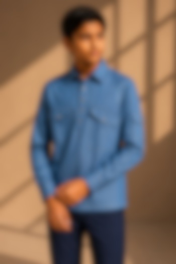 Light Denim Blue Rayon Denim Shirt For Boys  by Amit Arora Kids at Pernia's Pop Up Shop