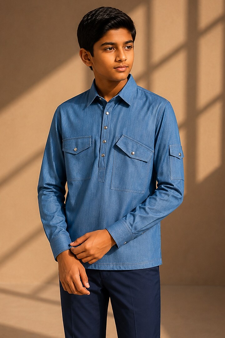 Light Denim Blue Rayon Denim Shirt For Boys  by Amit Arora Kids at Pernia's Pop Up Shop