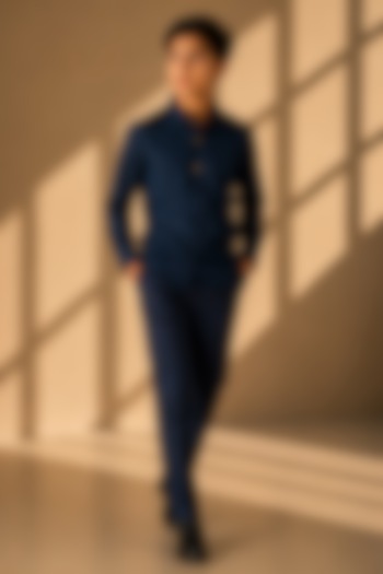 Navy Blue Cotton Lycra Shirt For Boys by Amit Arora Kids at Pernia's Pop Up Shop