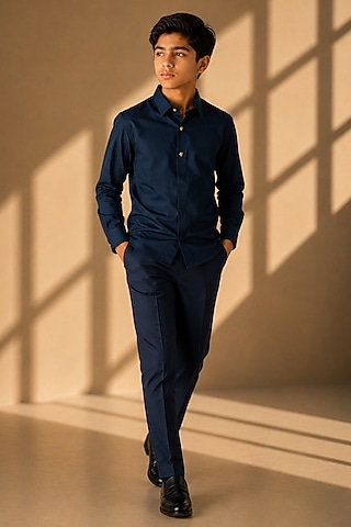 Navy Blue Cotton Lycra Shirt For Boys by Amit Arora Kids