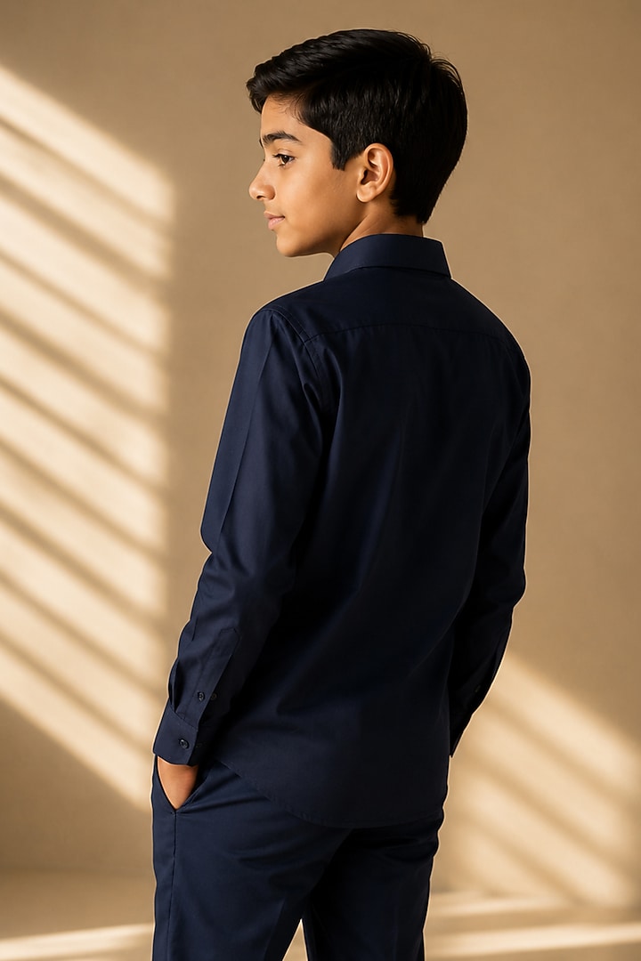 Navy Blue Cotton Lycra Shirt For Boys by Amit Arora Kids at Pernia's Pop Up Shop