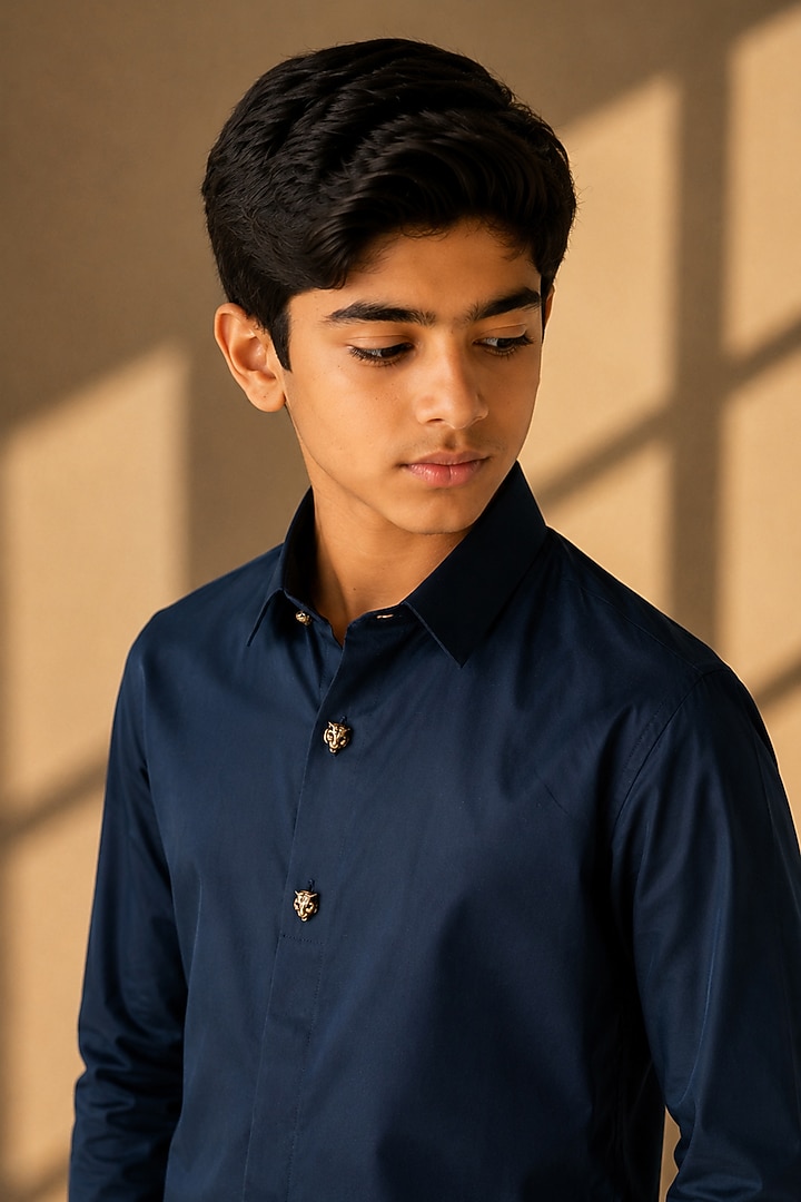 Navy Blue Cotton Lycra Shirt For Boys by Amit Arora Kids at Pernia's Pop Up Shop