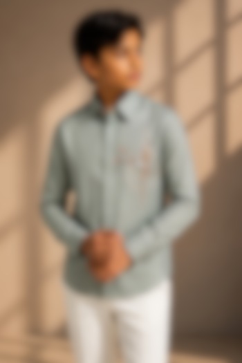 Sage Green Linen Hand Embroidered Shirt For Boys by Amit Arora Kids at Pernia's Pop Up Shop