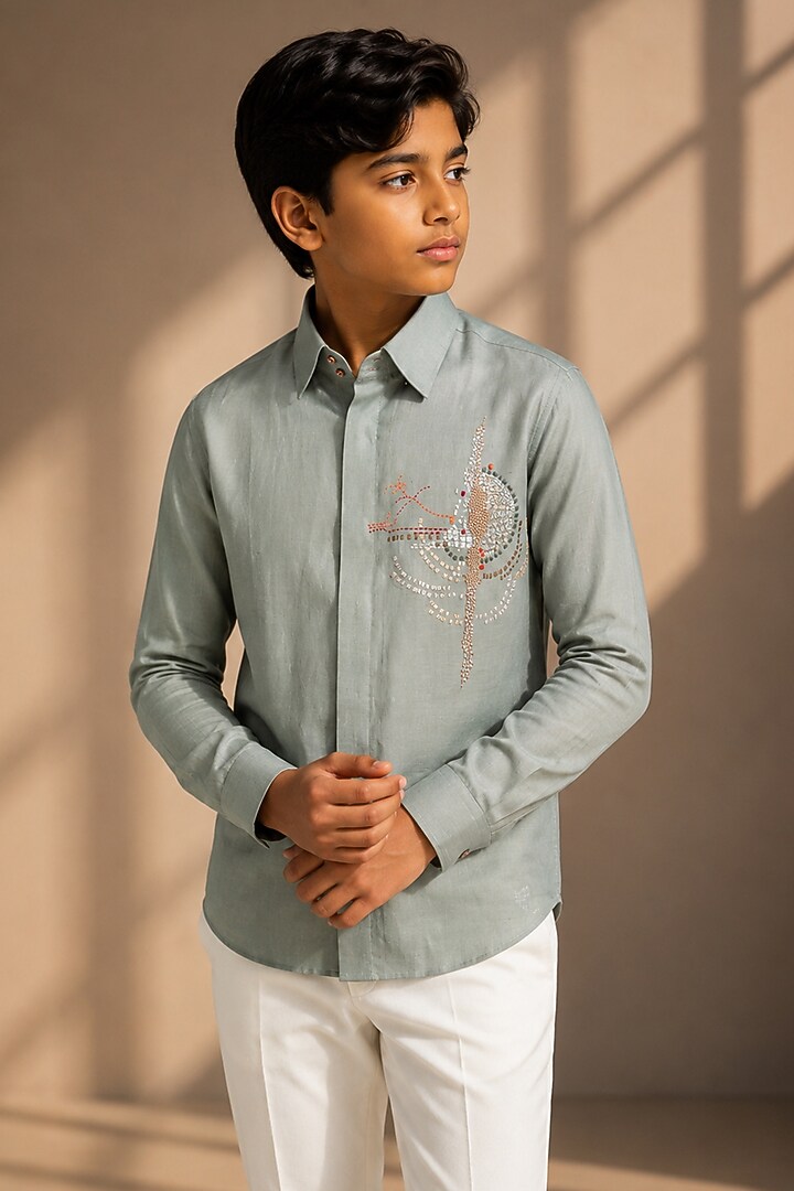 Sage Green Linen Hand Embroidered Shirt For Boys by Amit Arora Kids at Pernia's Pop Up Shop