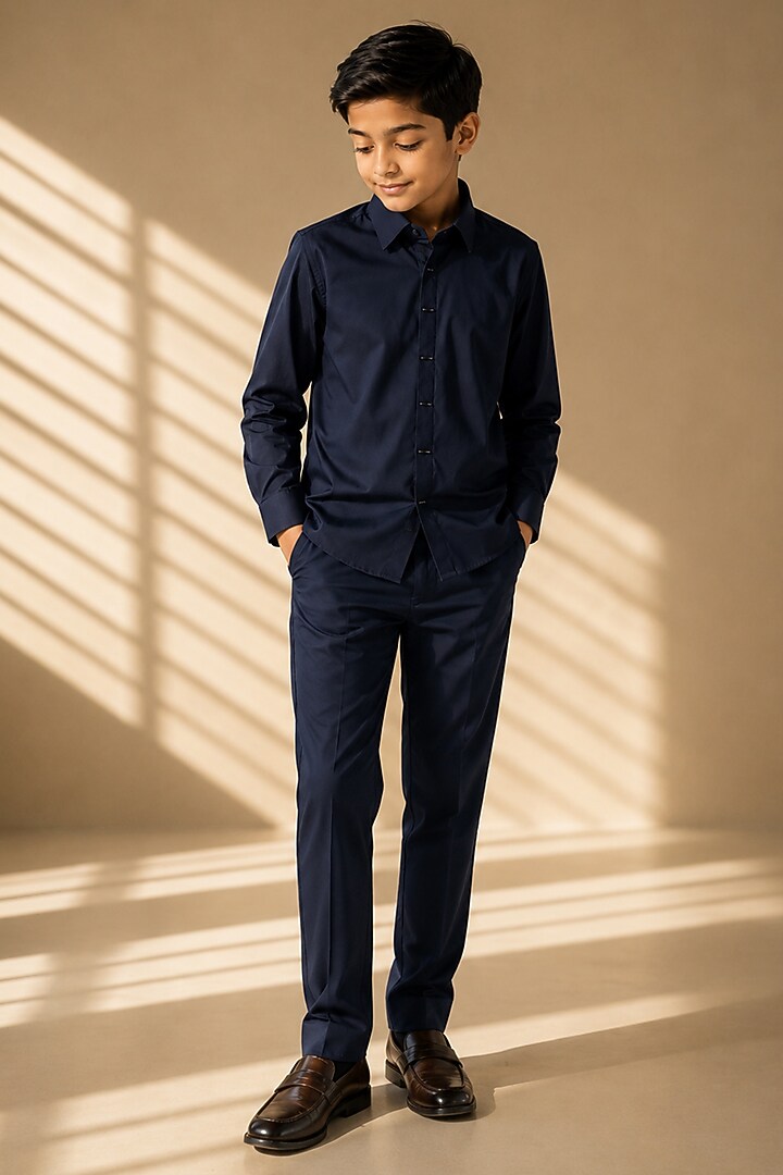 Navy Blue Cotton Acetate Shirt For Boys by Amit Arora Kids at Pernia's Pop Up Shop