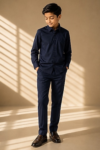 Navy Blue Cotton Acetate Shirt For Boys by Amit Arora Kids