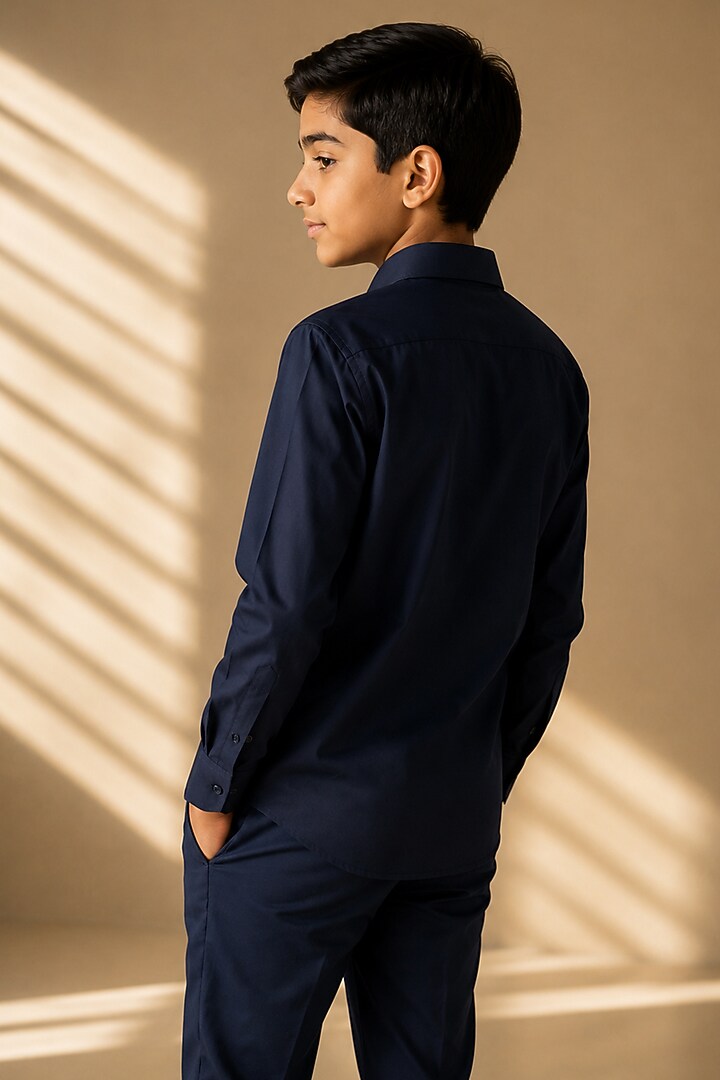 Navy Blue Cotton Acetate Shirt For Boys by Amit Arora Kids at Pernia's Pop Up Shop