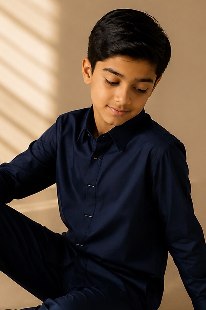 Navy Blue Cotton Acetate Shirt For Boys by Amit Arora Kids at Pernia's Pop Up Shop