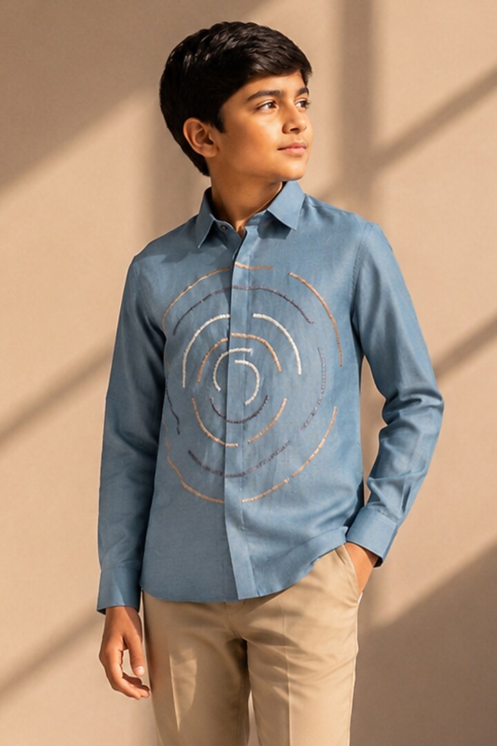 Blue Linen Circular Embroidered Shirt For Boys by Amit Arora Kids at Pernia's Pop Up Shop