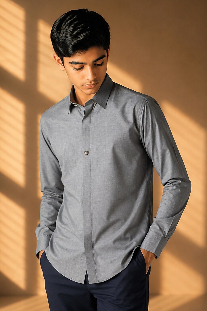 Grey Cotton Acetate Shirt For Boys by Amit Arora Kids at Pernia's Pop Up Shop
