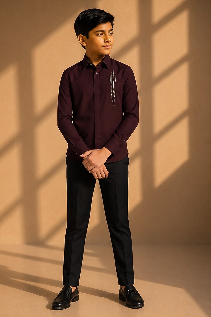 Wine Polynosic Motif Hand Embroidered Shirt by Amit Arora Kids at Pernia's Pop Up Shop